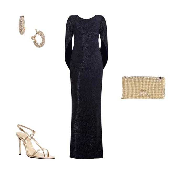 Betsy & Adam Drape Back Detail 3/4 Cape Sleeve Draped Round Neck Metallic  Crinkle Ruched Sheath Gown | Dillard's