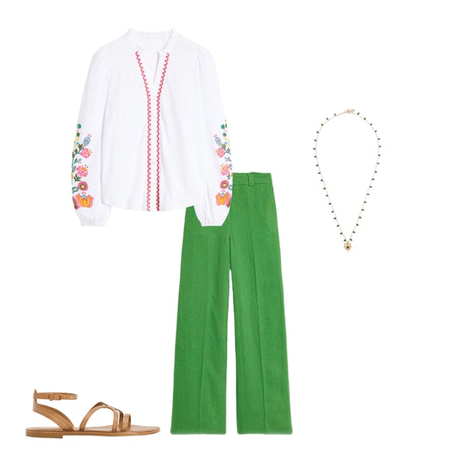 Embroidered Frill Neck Blouse-White, Multi Floral Embroidery Embroidered Frill Neck Blouse-White, Multi Floral Embroidery