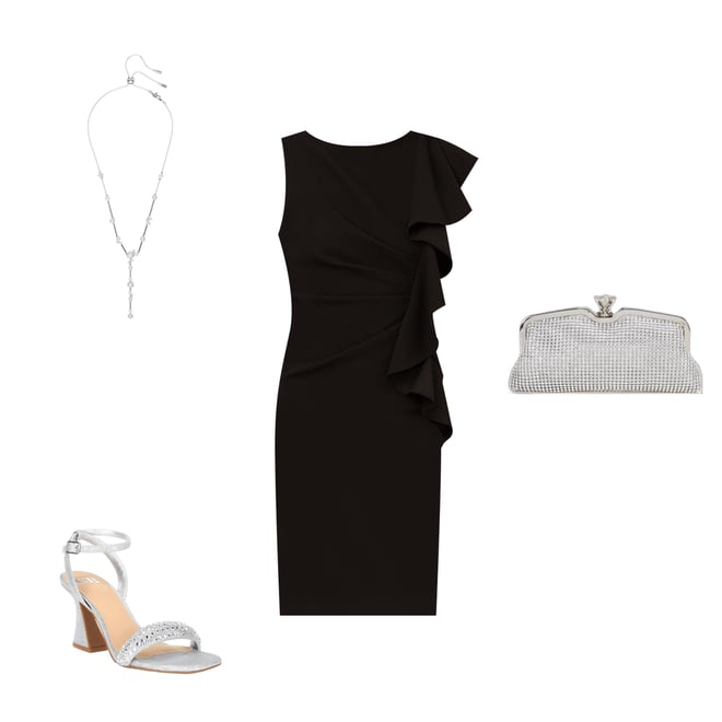 【海外限定】AdriannaPapell ドレス☆Eyelet Trim Dress, Black Eyelet Faux Wrap Midi Dress With Ruffle Details In Black