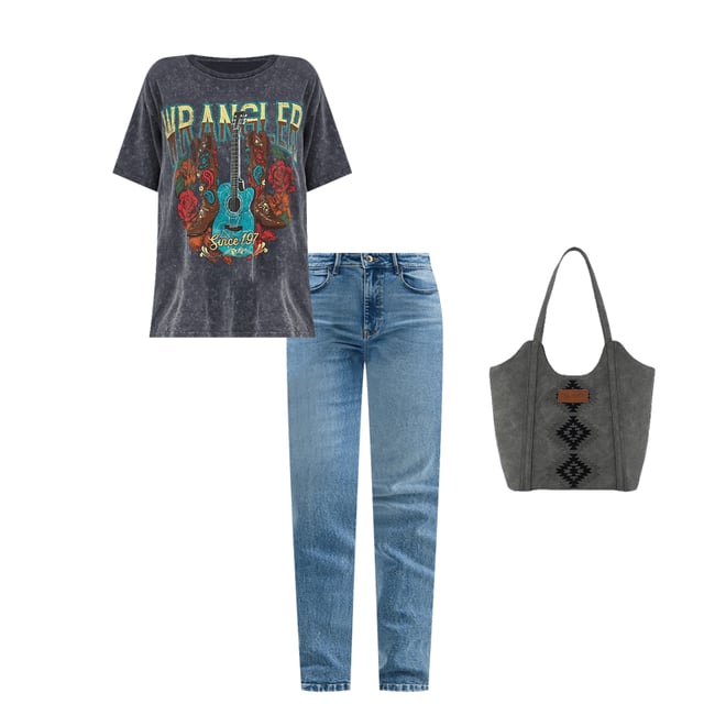 Women's Acid Wash Graphic Oversized Tee in Black Guitar