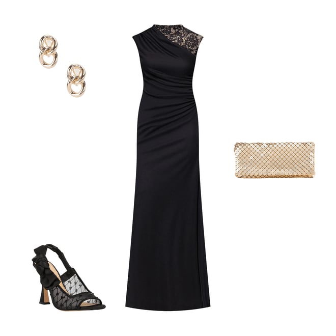 Betsy & Adam Matte Jersey Lace Mock Neck Sleeveless Ruched Sheath Gown |  Dillard's