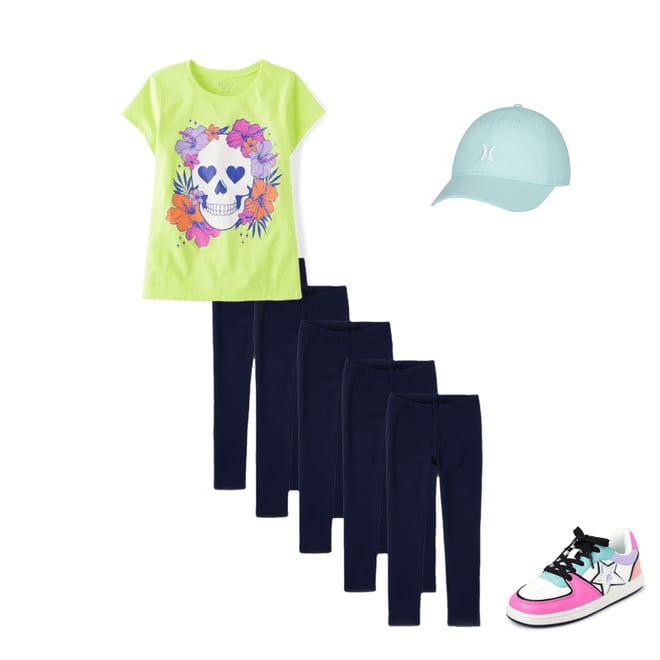 6th bundle featuring 3 items which compliment Girls Summerween Skull Flowers Graphic Tee