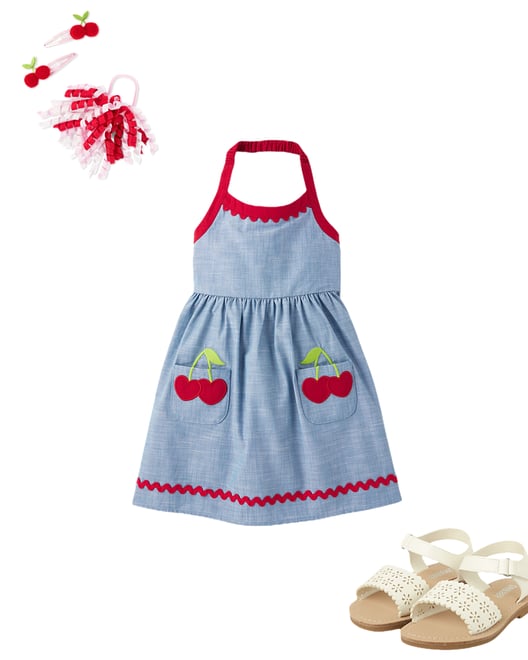 Girls Embroidered Cherry Halter Dress - Sweet Summer - Blue