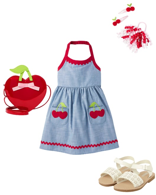 Girls Embroidered Cherry Halter Dress - Sweet Summer - Blue