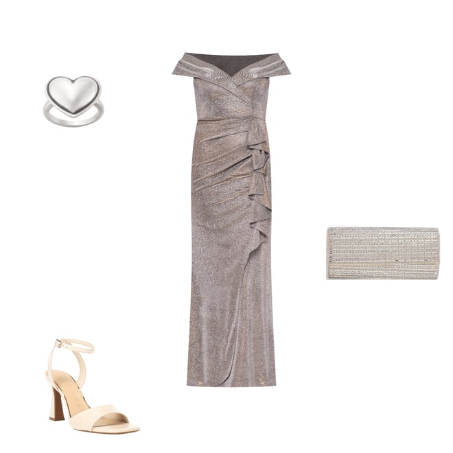 Xscape Off the Shoulder Ruffle Front Glitter Knit Gown Xscape Off the Shoulder Ruffle Front Glitter Knit Gown