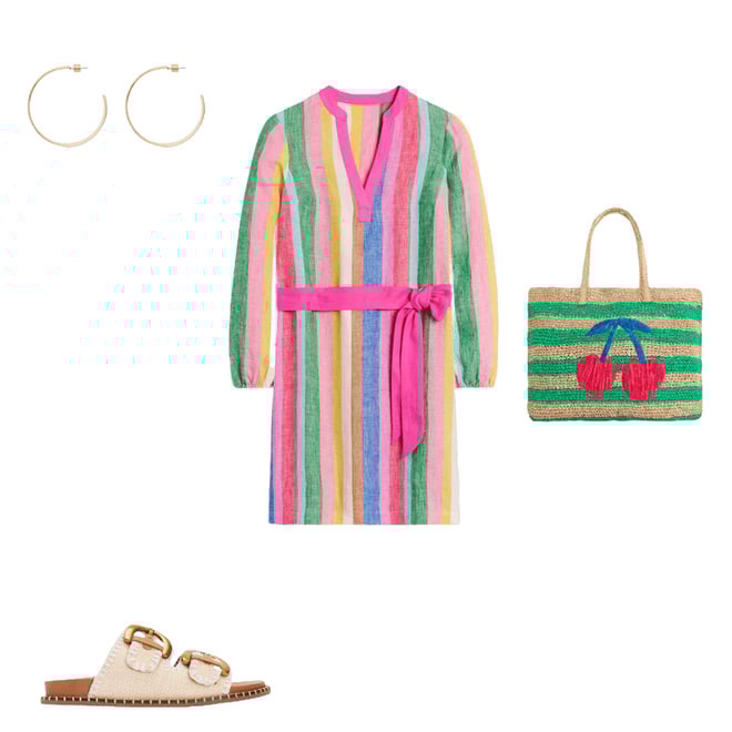 1st bundle featuring 3 items which compliment Cleo Linen Tie Waist Dress-Bright Rainbow Stripe