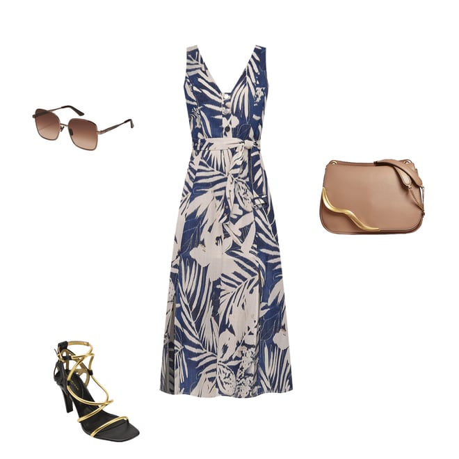 DKNY by Donna Karan Floral Print V-Neck A-Line Midi Dress