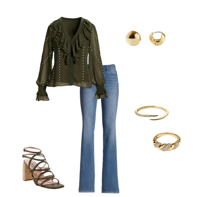 Parisian Pearl Embellished Ruffle Blouse Olive Night