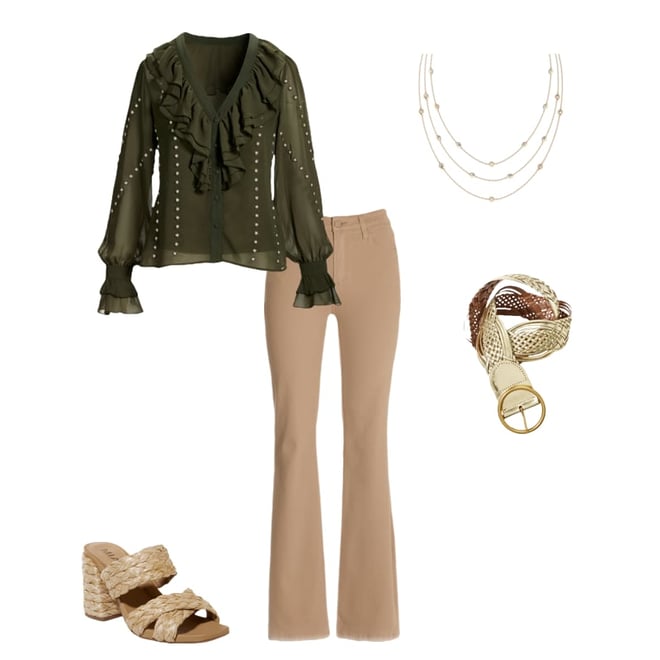 Parisian Pearl Embellished Ruffle Blouse Olive Night