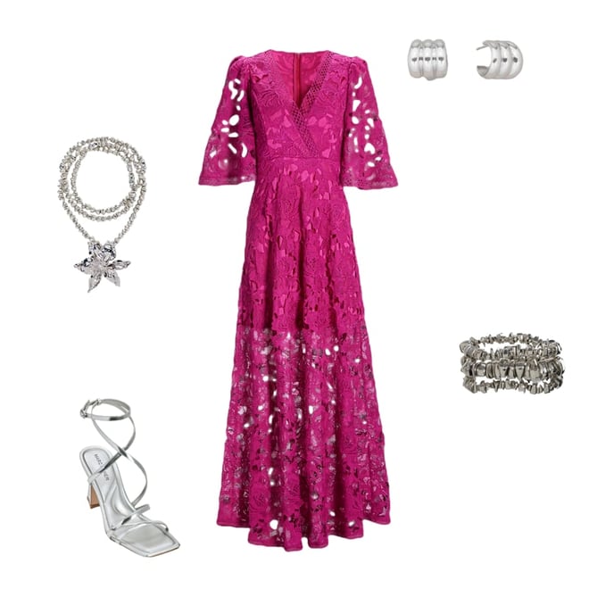 Lace Flounce Sleeve Maxi Dress Fuchsia Red