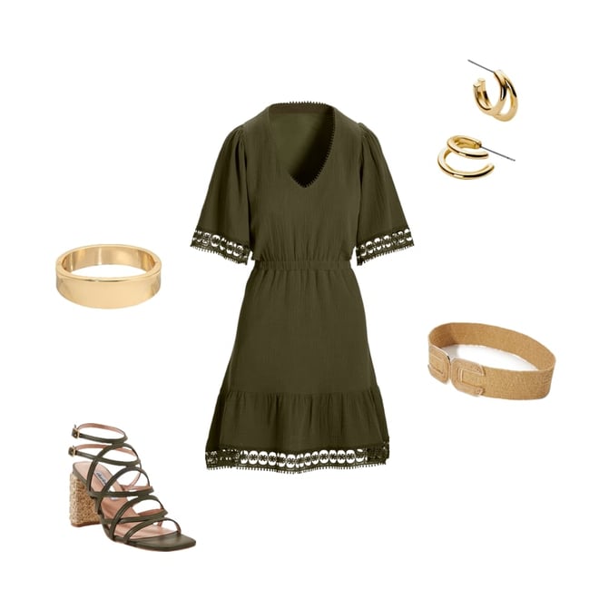 100% Cotton Gauze Lace Trim A Line Dress Olive Night