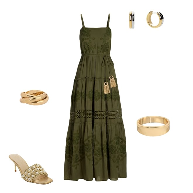 Lace Inset Woven Maxi Dress Moss Green