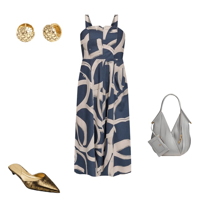 ◆Donna Karan 抽象プリントスクエアネックミディワンピース Donna Karan Abstract Print Sweetheart Neck Midi Dress