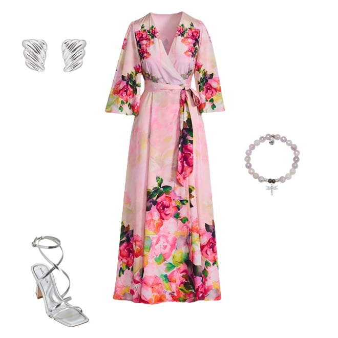 Watercolor Floral Print Wrap Maxi Dress Pink Multi