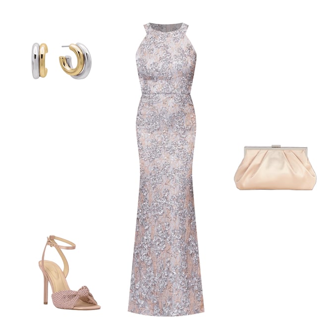 Xscape Petite Size Sleeveless Halter Soutache Lace Gown