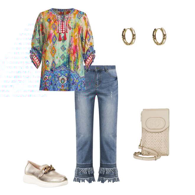 John Mark Embroidered Printed Split V-Neck 3/4 Cinched