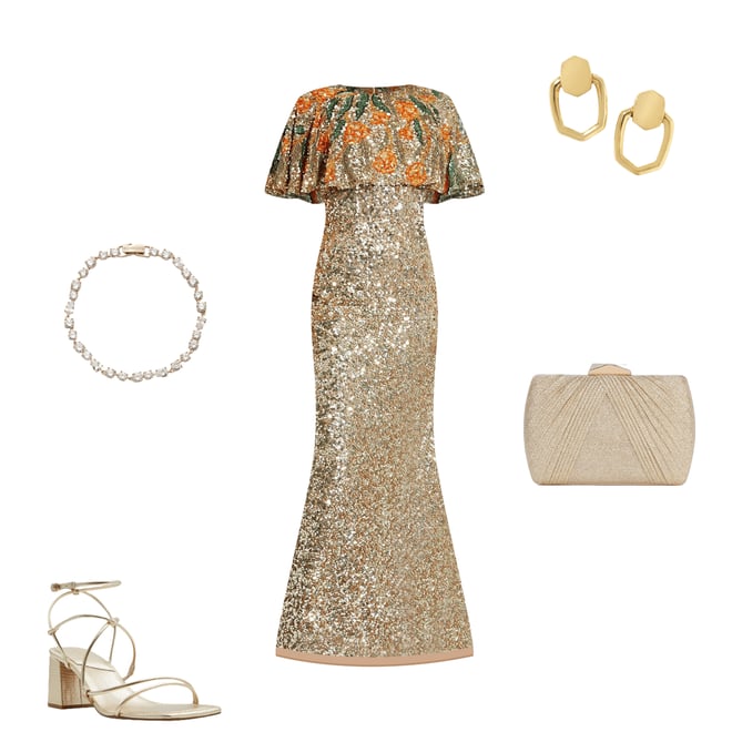 Mac Duggal Gold Embellished Mesh Crew Neck Beaded Floral