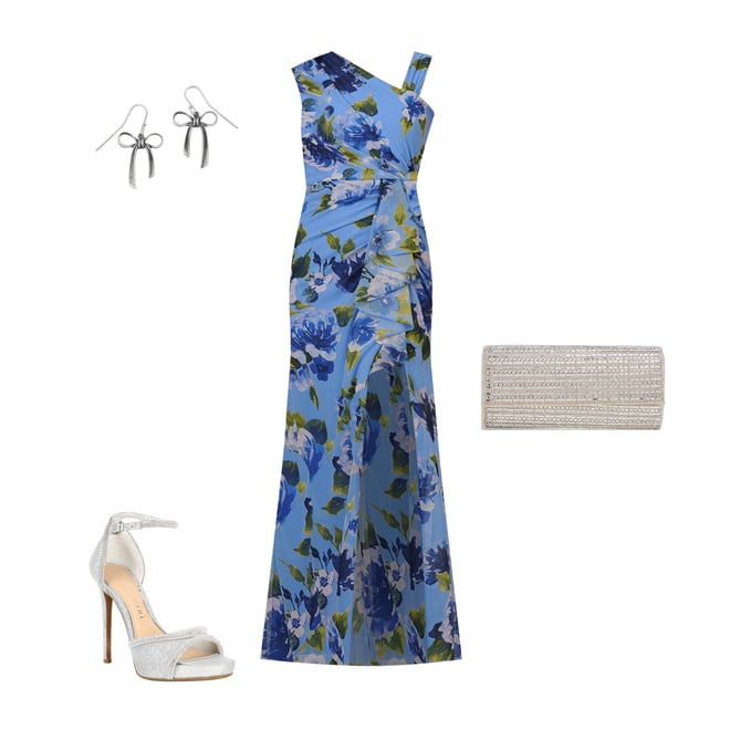 【海外限定】AdriannaPapell ドレス☆Blue Floral Print Twist A Adrianna Papell Floral Print Chiffon Asymmetrical Neck