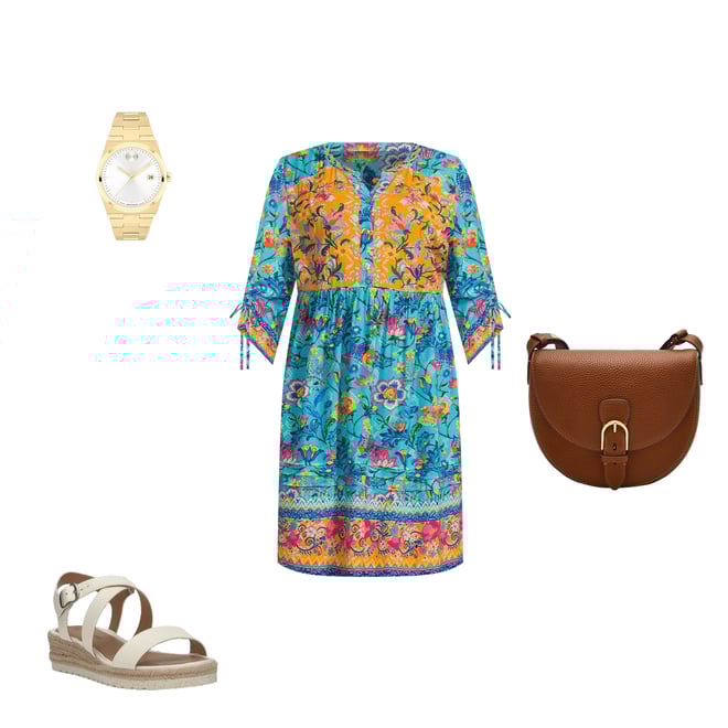 John Mark Plus Size Woven Embroidered Mix Print Y-Neck 3/4