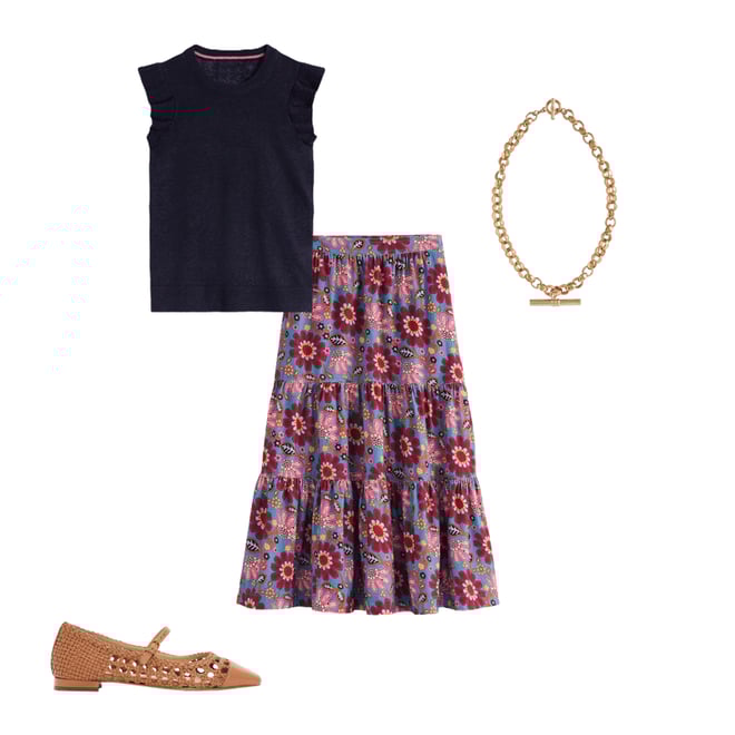 Viv Cord Tiered Maxi Skirt-French Navy, Cosmic Meadow