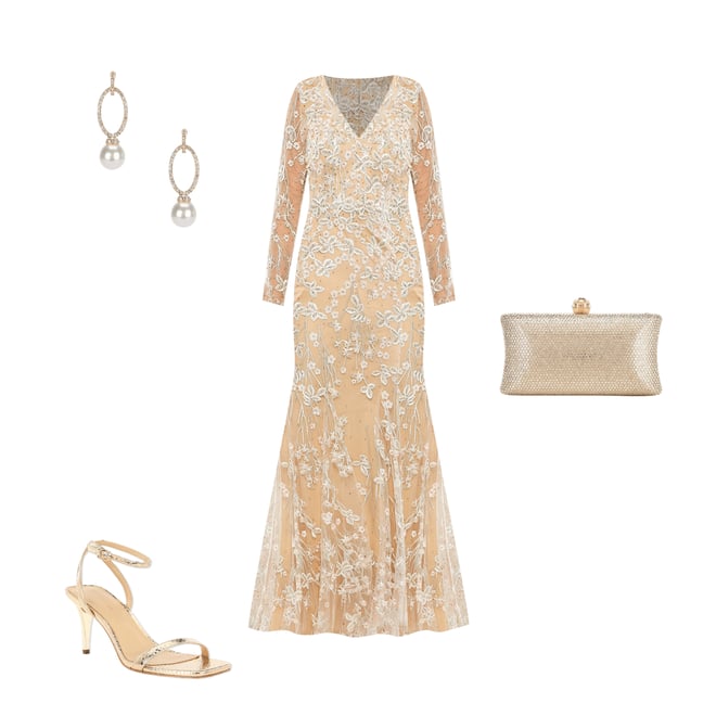 ●Mac Duggal●刺繍入り イリュージョン トランペットガウン White Embellished Feather Cap Sleeve Illusion Neck Trumpet