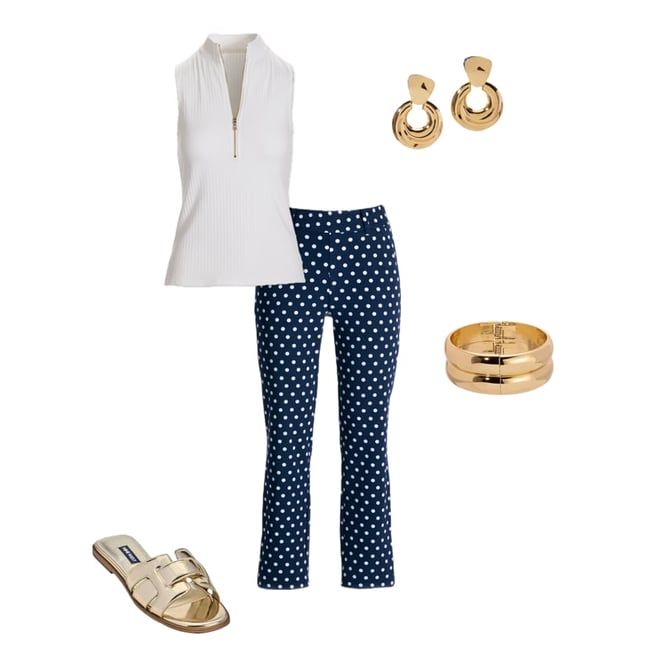 Newport Twill Polka Dot Print Pull On Cropped Pant Navy/White