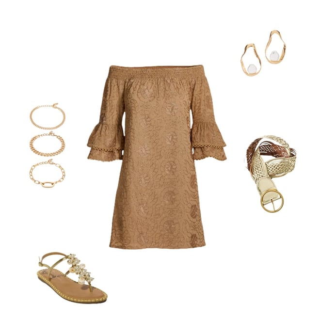 Metallic Woven Off The Shoulder Shift Dress Tan Gold
