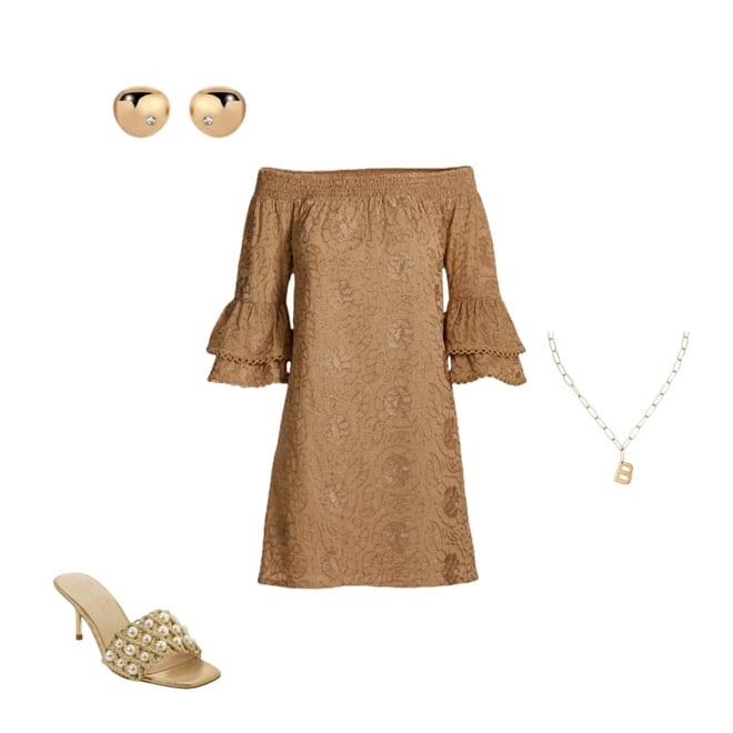 Metallic Woven Off The Shoulder Shift Dress Tan Gold
