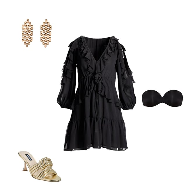Cold Shoulder Ruffle Detail Boho Peasant Dress Black