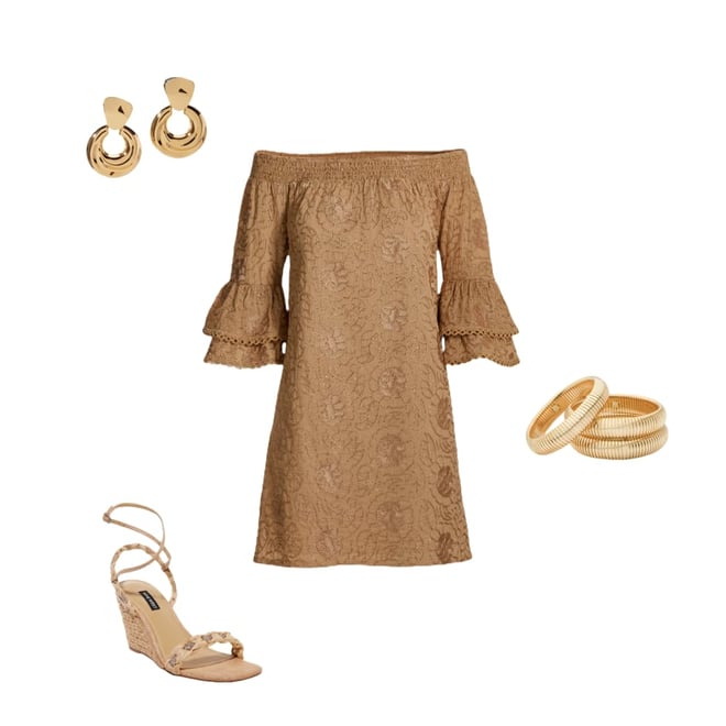Metallic Woven Off The Shoulder Shift Dress Tan Gold