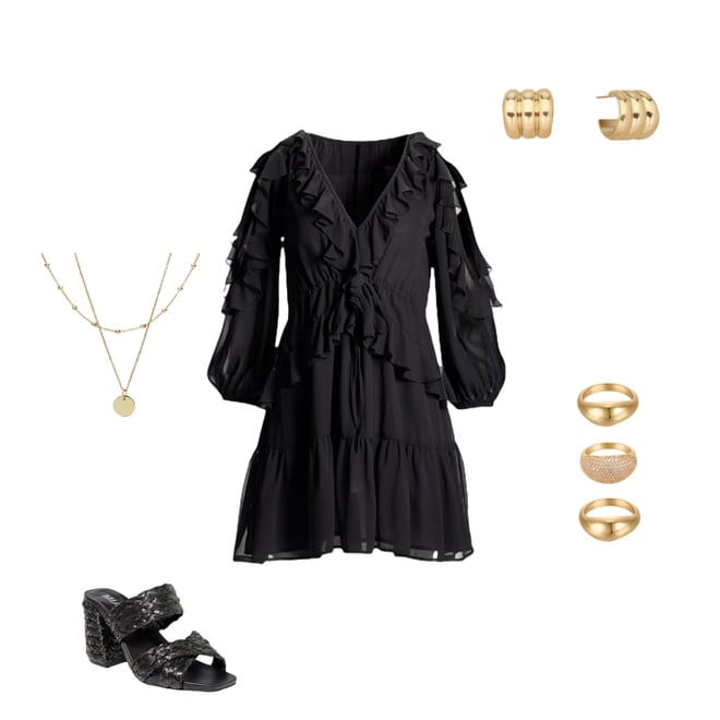 Cold Shoulder Ruffle Detail Boho Peasant Dress Black