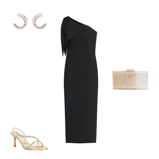 Dress the Population Tiffany One Shoulder Bow Detail Sleeveless Back Slit  Midi Sheath Dress