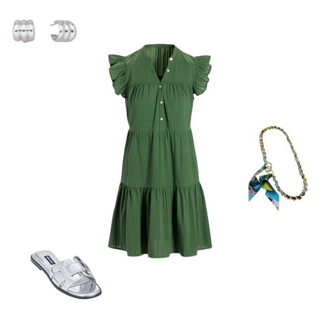 Shadow Stripe Cotton Tiered Shift Dress Olive