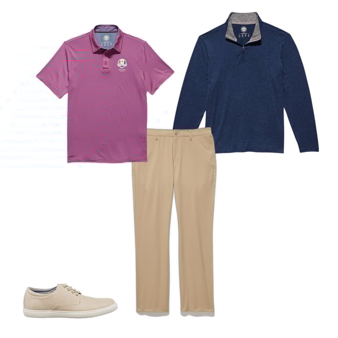 1st bundle featuring 3 items which compliment  2025 Ryder Cup Naples Striped Performance Polo Shirt - Red/Blue