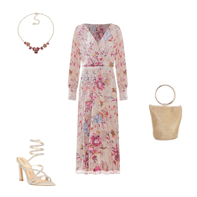 Mac Duggal Floral Print V-Neck Long Sleeve Midi Dress