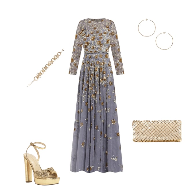 Mac Duggal Floral Beaded Crew Neck Long Sleeve Pleated