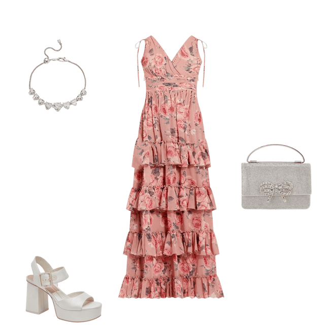 Mac Duggal Double V-Neck Sleeveless Floral Chiffon Tiered