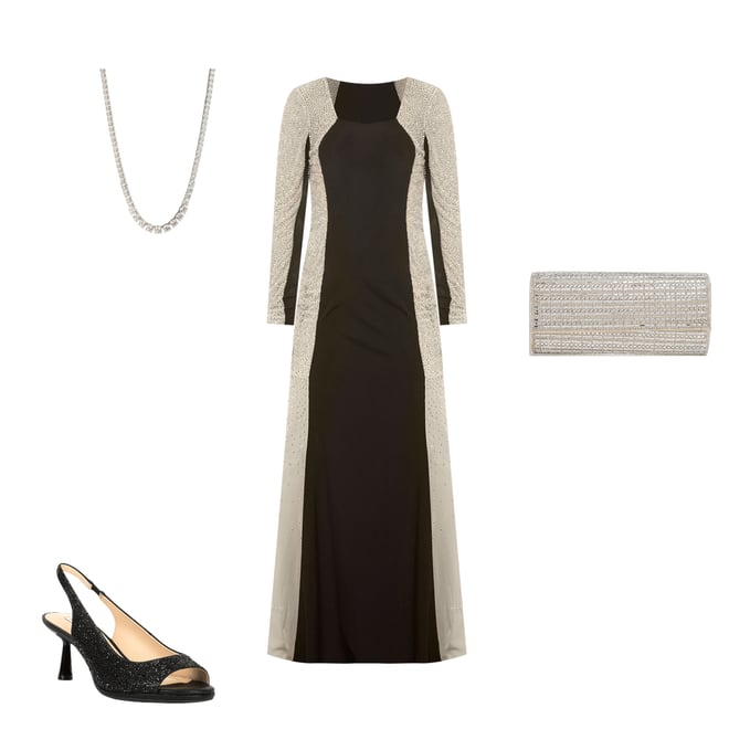 Xscape Caviar Beaded Mesh Panel Long Sleeve Contrast Matte Jersey