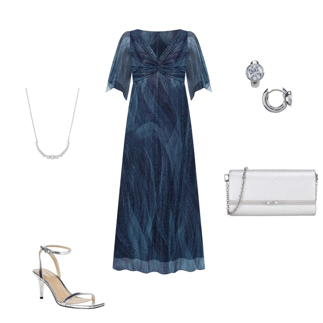 新品未使用　Have へイヴ　side frill UV dress マリン Marina Gathered V-Neck 3/4 Flutter Sleeve Metallic Mesh Gown