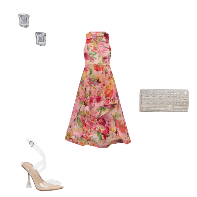 Adrianna Papell Organza Floral Print V Neck Sleeveless