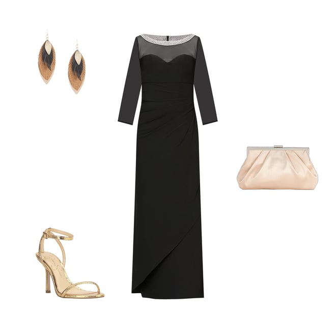 Alex Evenings Illusion Mesh 3/4 Sleeve Round Neck Side Slit Ruched Gown |  Dillard's