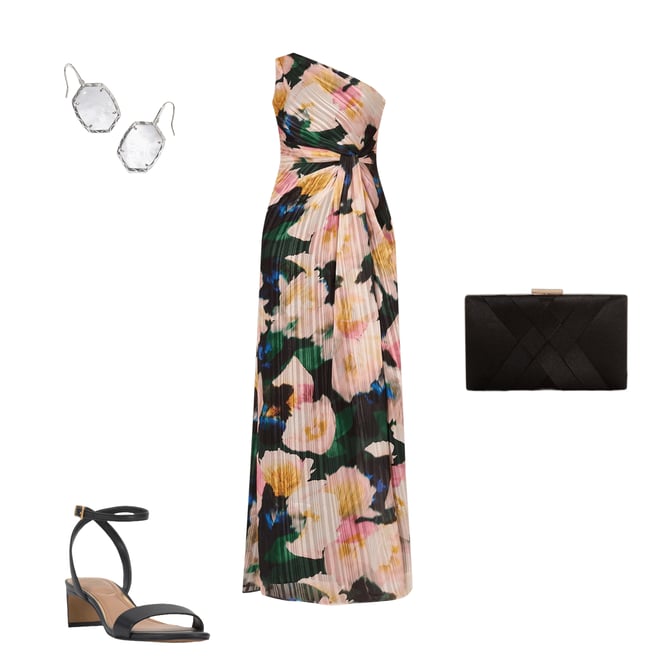 Adrianna Papell Floral Metallic Satin One Shoulder
