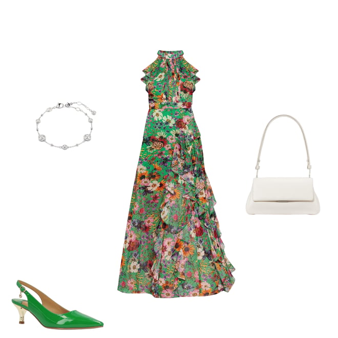 white graduation dress with sleeves plus size Betsy and Adam Chiffon Floral Print Katarina V-Neck Long Sheer Sleeves  Wrap-Style Bodice Pleated Skirt Dress| Available at Immediate Apparel main image 0