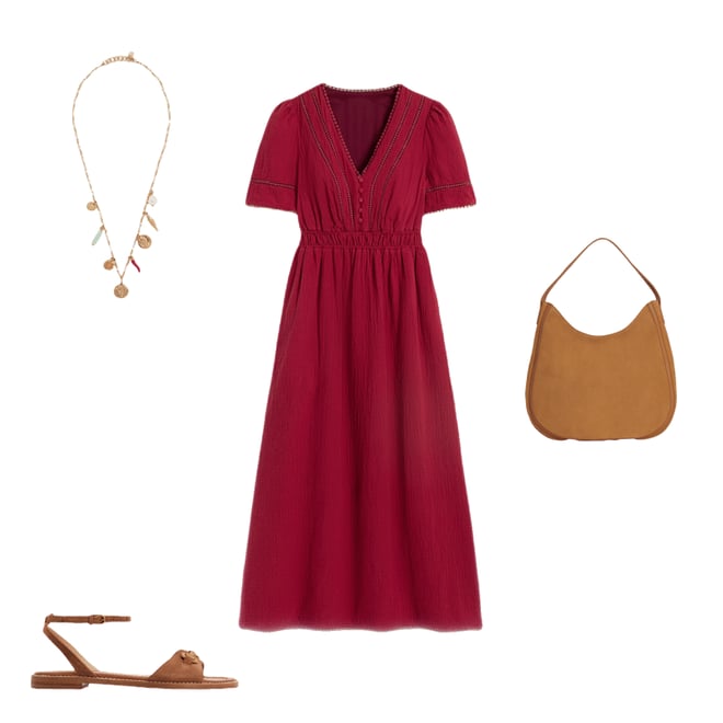 ワンピース Mame Cotton Double Cloth Dress Trim Double Cloth Dress-Garnet Red | Boden USA