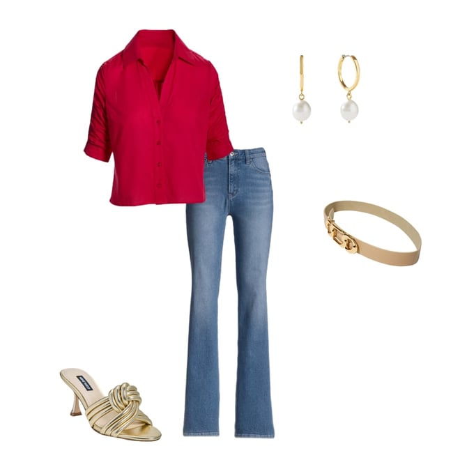 Ruched Sleeve Button Up Shirt True Red