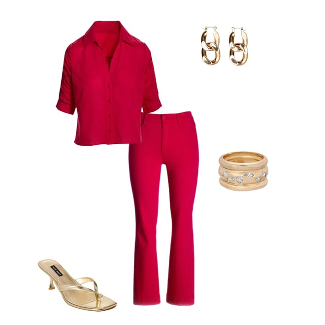 Ruched Sleeve Button Up Shirt True Red