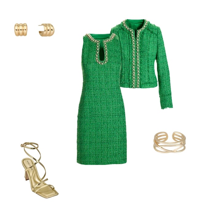 Pearl and Stud Embellished Keyhole Tweed Sheath Dress Green