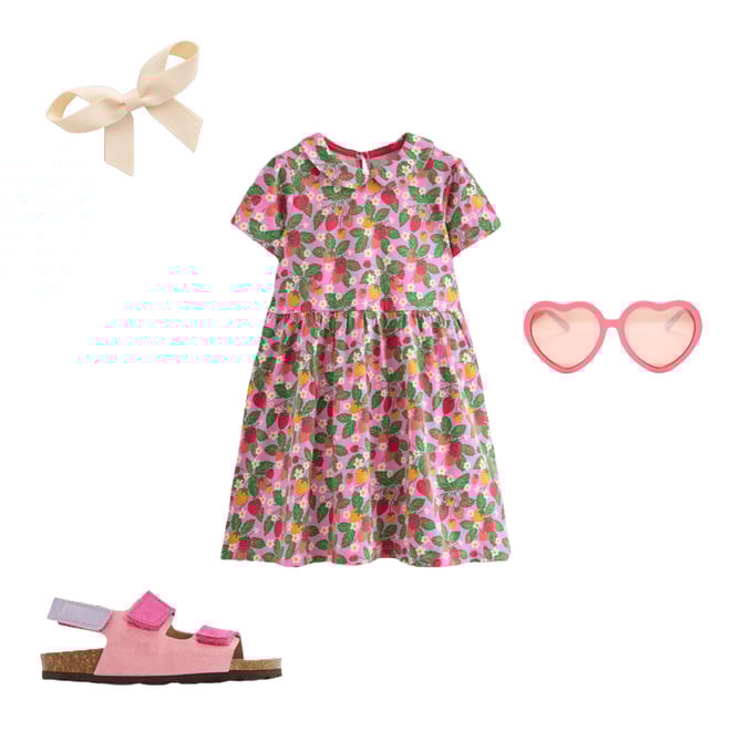 Peter Pan Collar Jersey Dress-Cosmos Pink Strawberry Patch