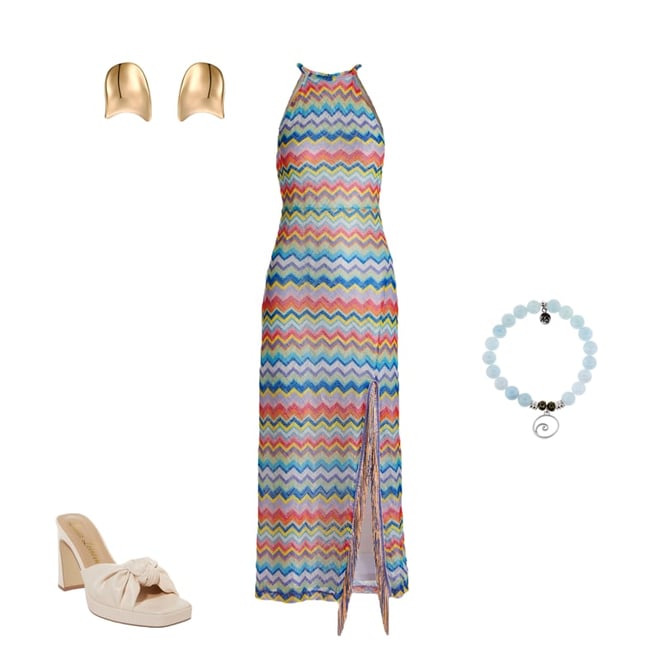 Multi Color Chevron Halter Two Tone Fringe Maxi Dress