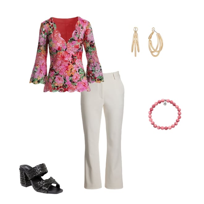 Printed V Neck Scallop Lace Top - Pink Multi | Boston Proper